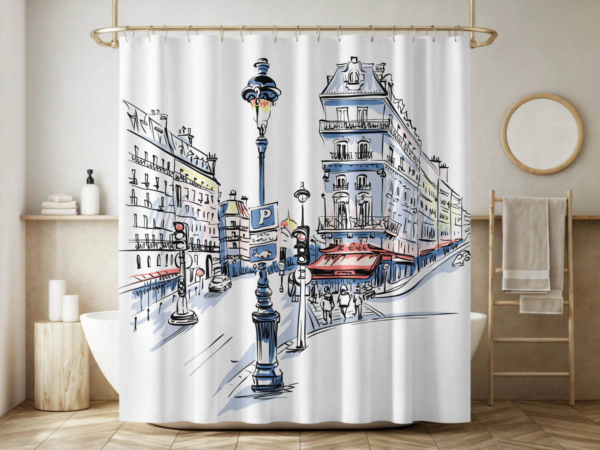 White Paris Café Street Scene Shower Curtain