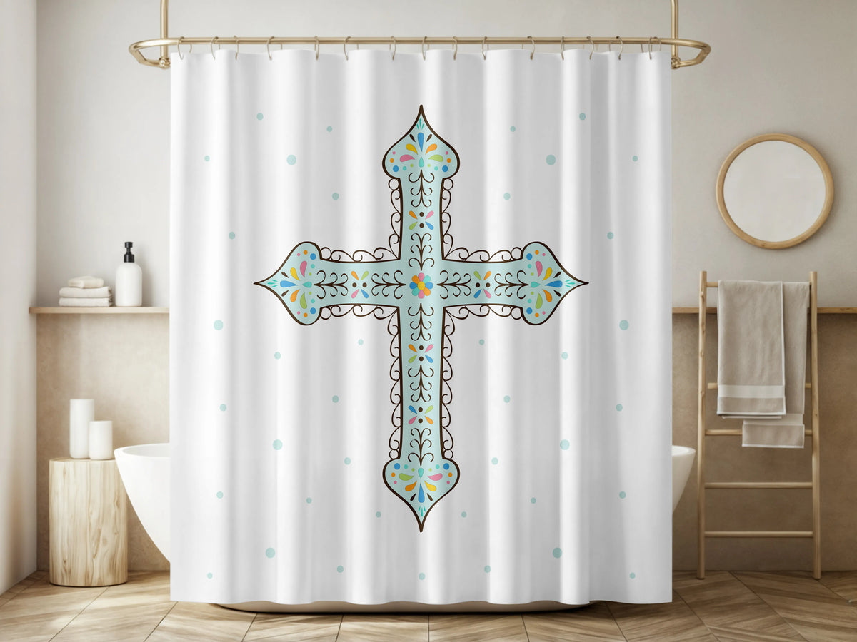 White Decorative Blue Cross Shower Curtain