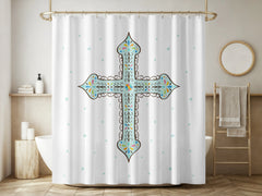 White Decorative Blue Cross Shower Curtain