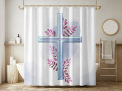 White Blue Cross Floral Shower Curtain