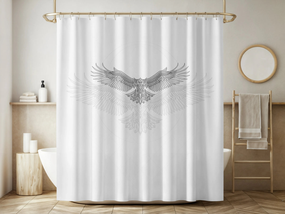 White Geometric Eagle Sketch Shower Curtain