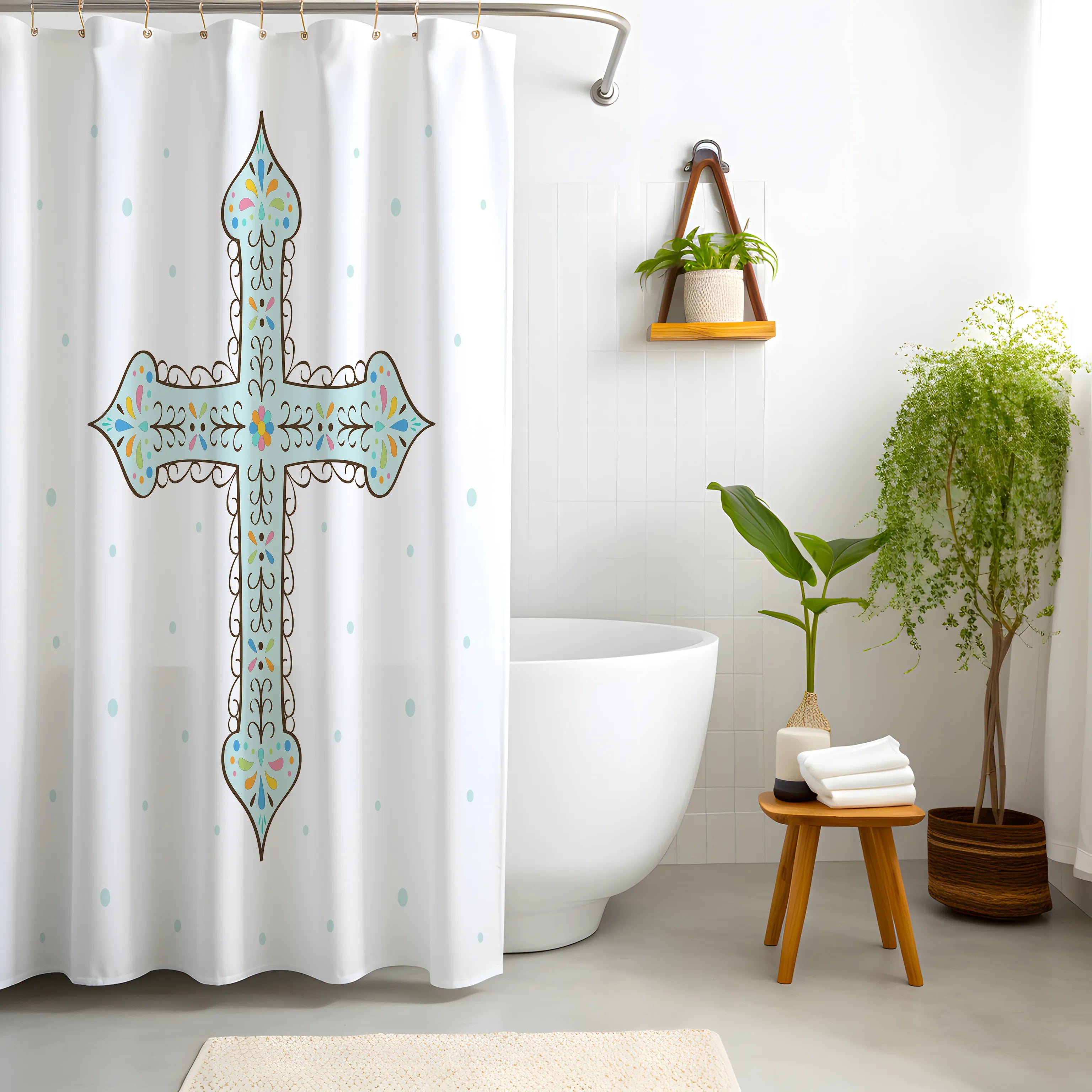 White Decorative Blue Cross Shower Curtain