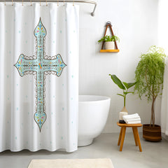 White Decorative Blue Cross Shower Curtain