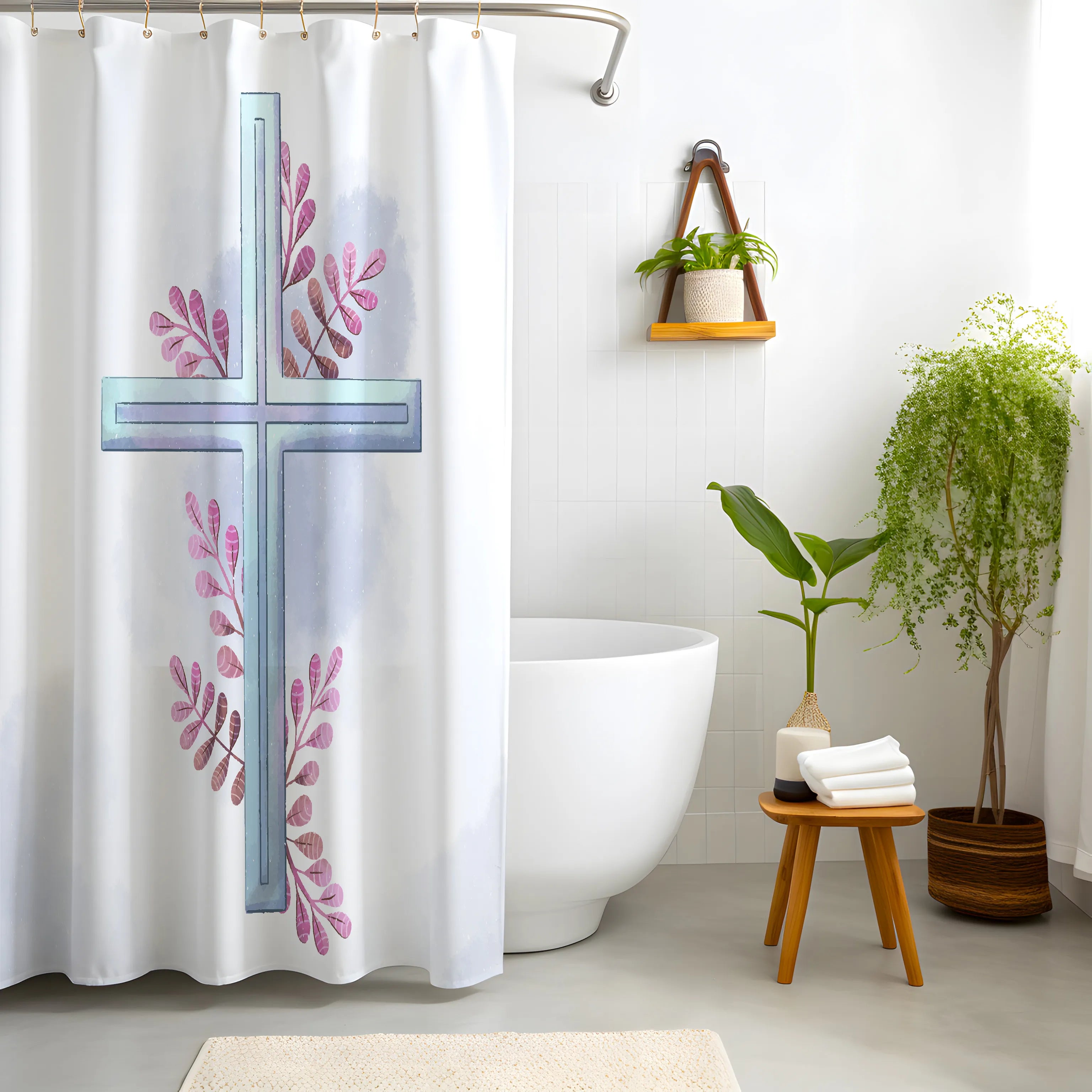 White Blue Cross Floral Shower Curtain