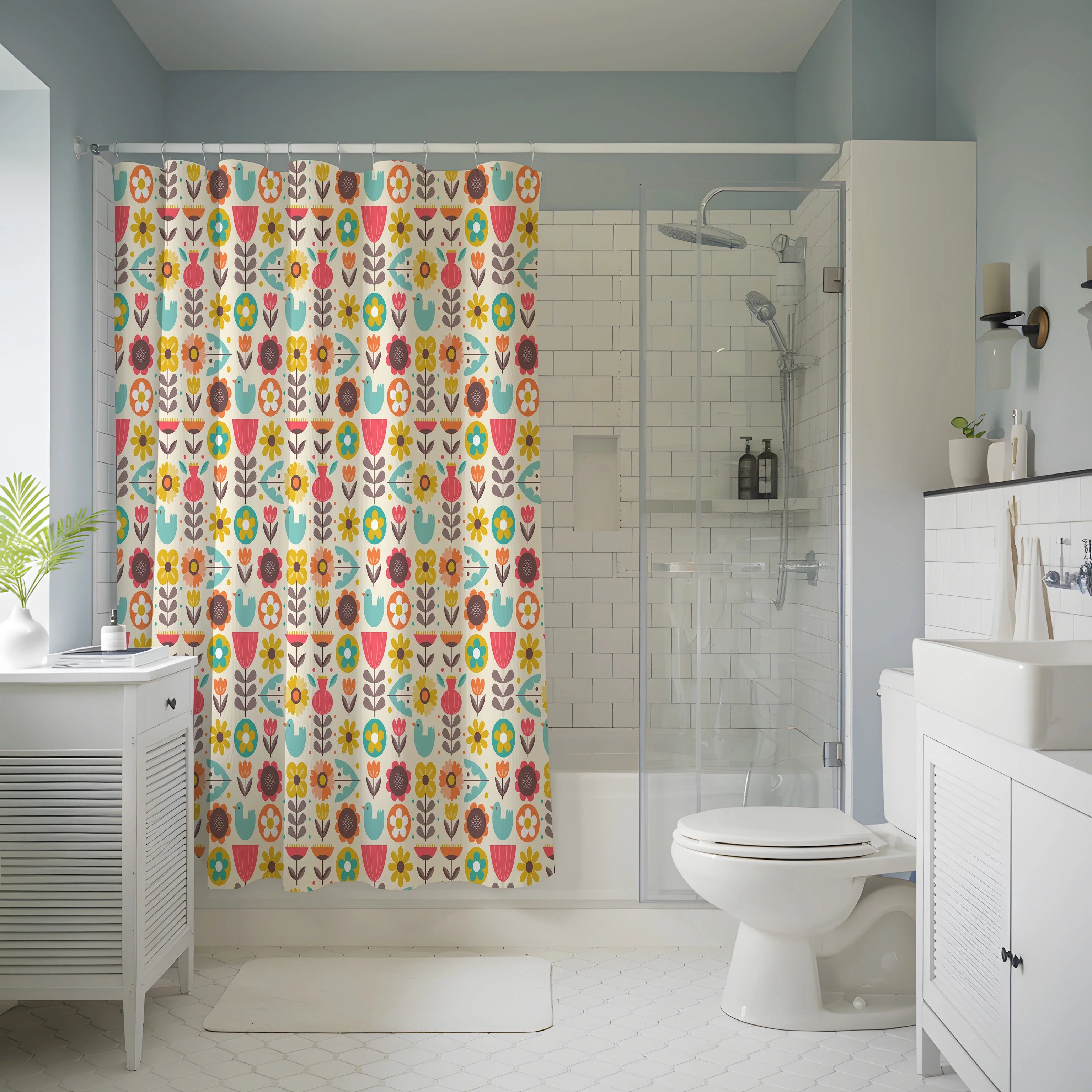 Playful Nordic Nature in Full Bloom - Colorful Scandinavian Shower Curtain - Image 3 - Arteka Home Shower Curtain