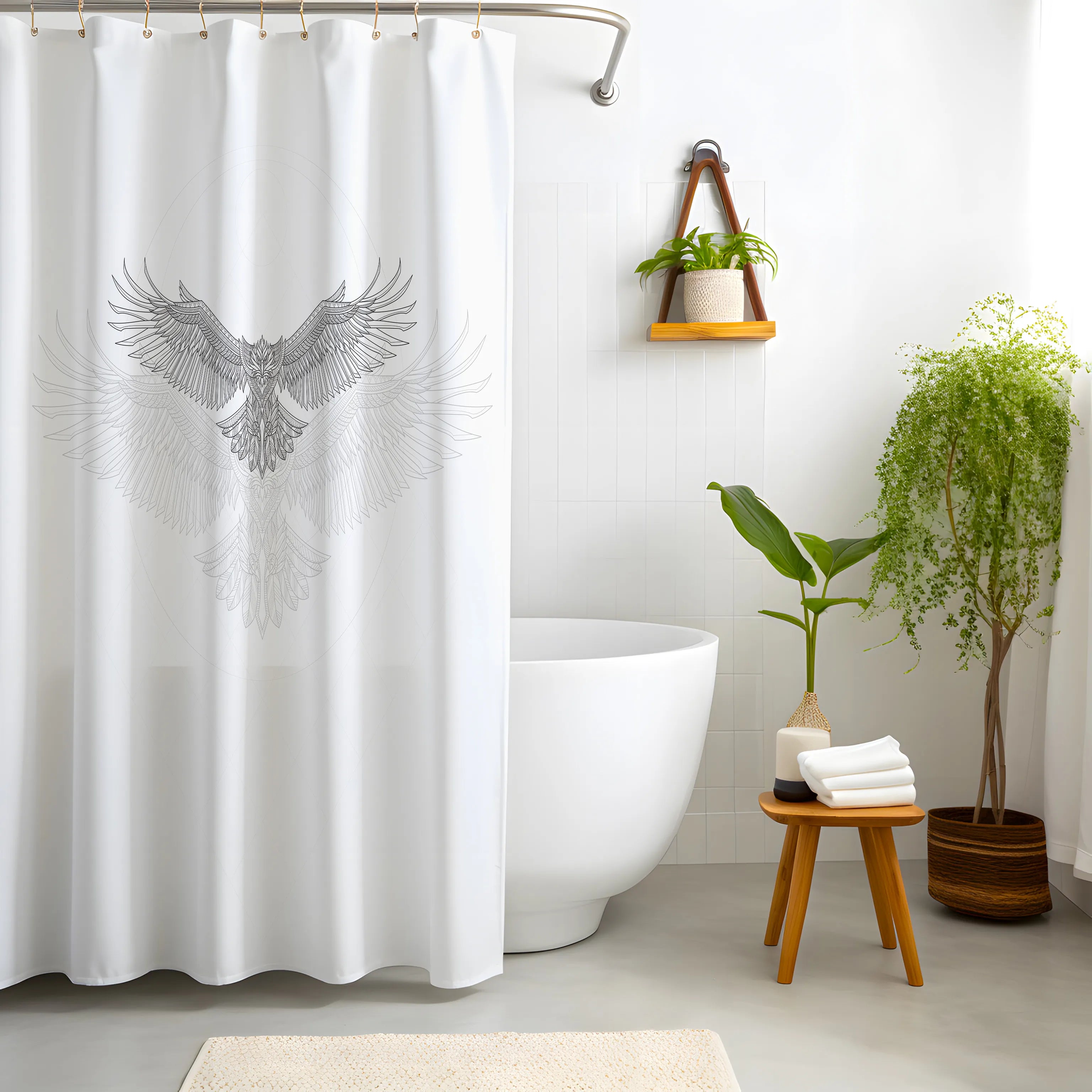White Geometric Eagle Sketch Shower Curtain