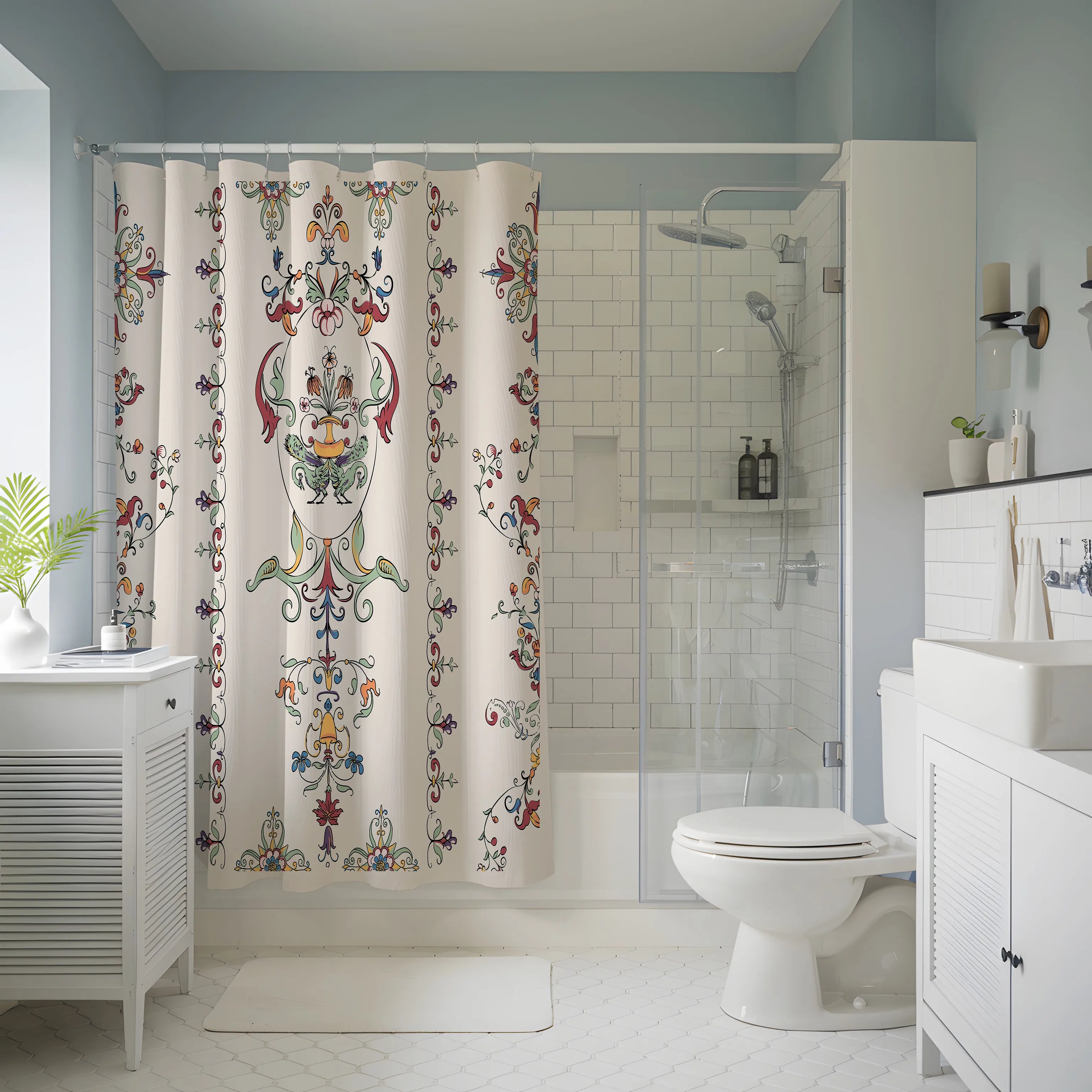 Cream Ornate Floral Medallion Shower Curtain