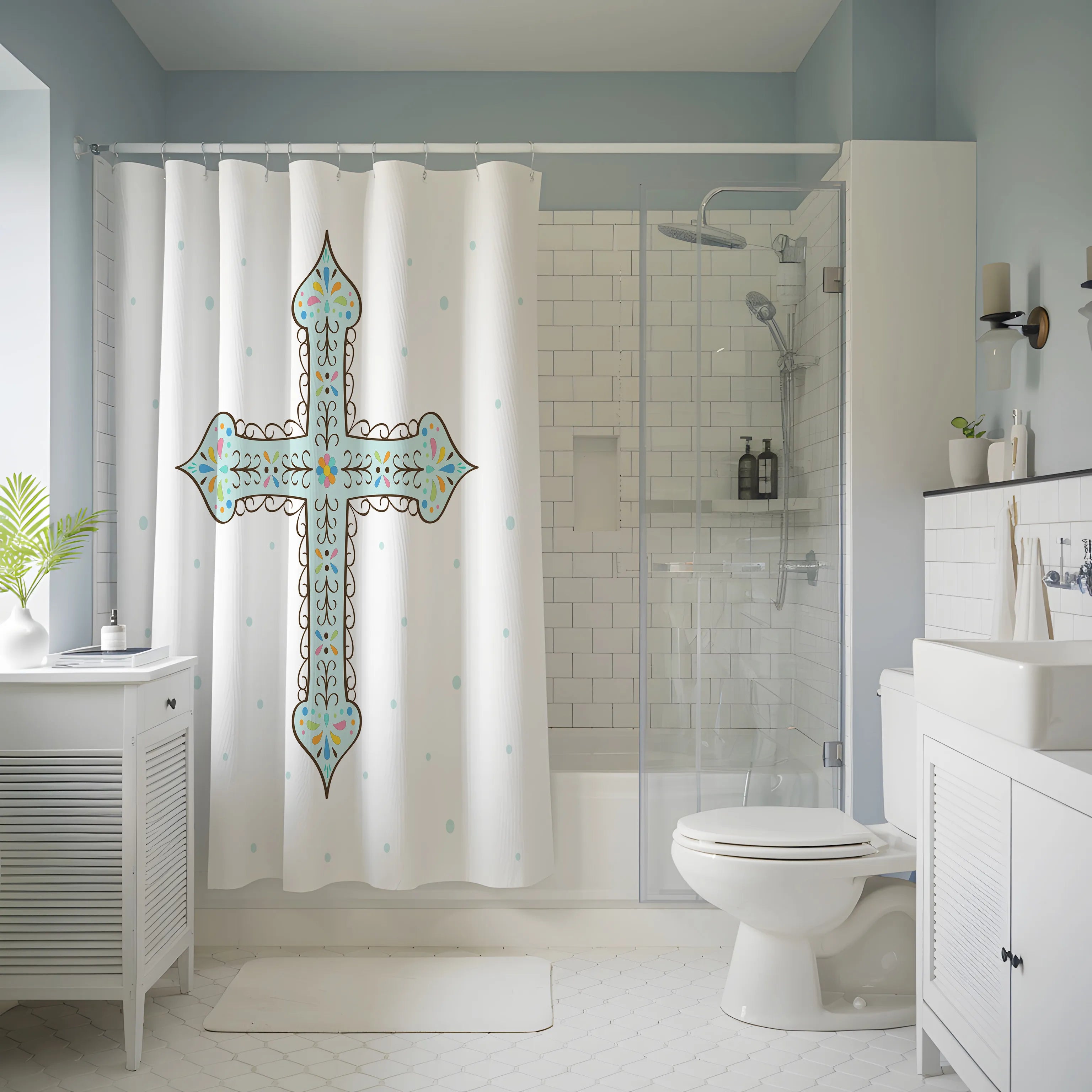 White Decorative Blue Cross Shower Curtain
