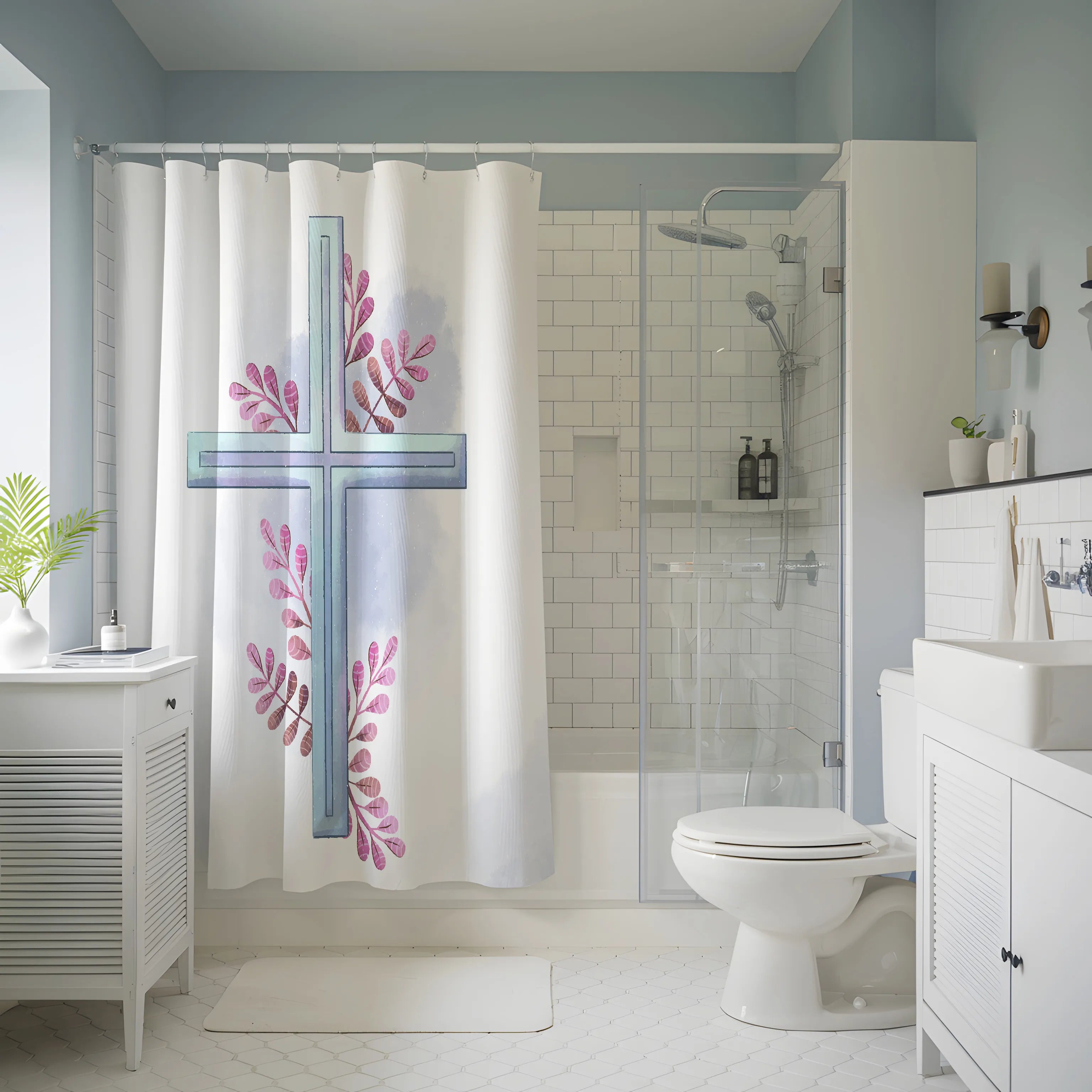White Blue Cross Floral Shower Curtain