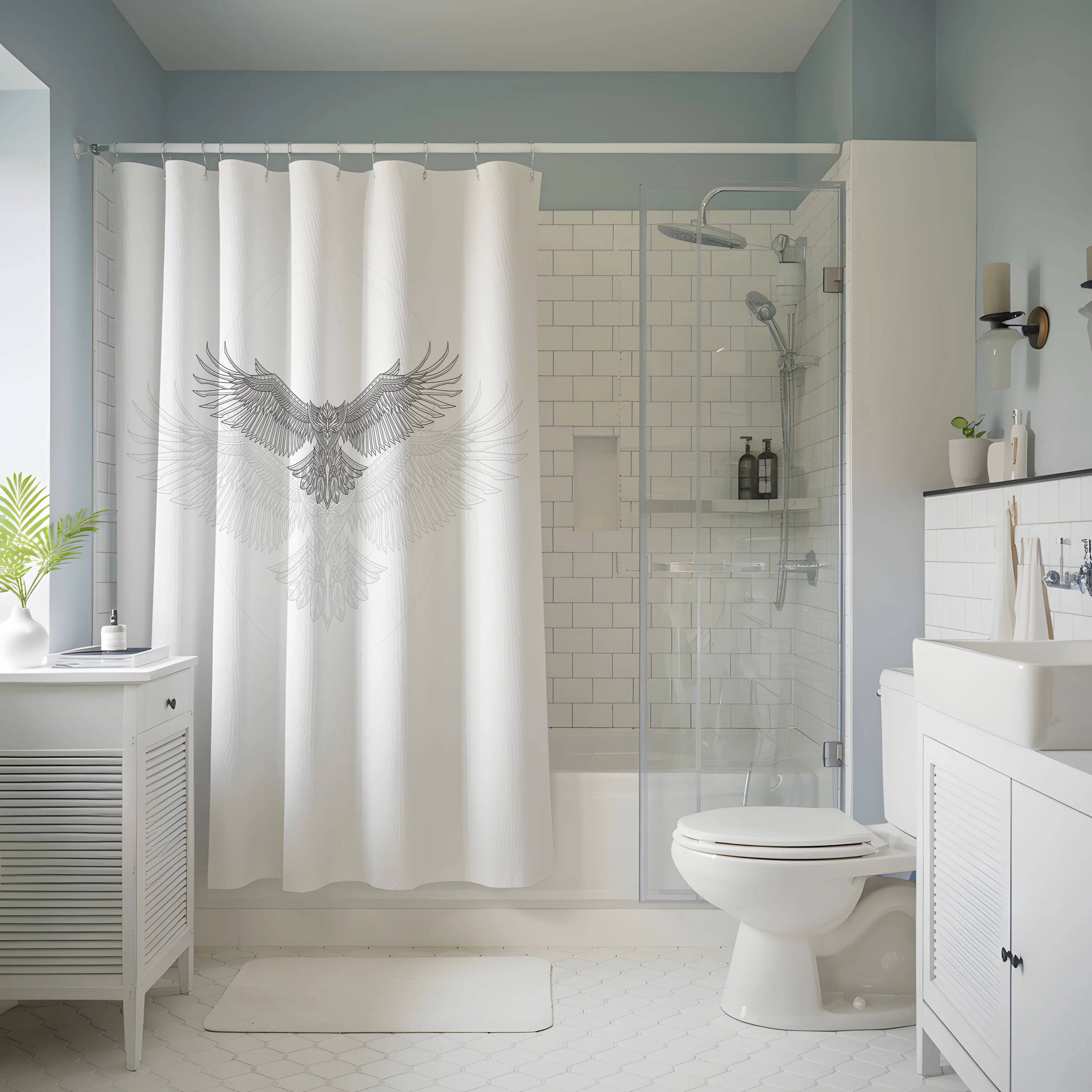 White Geometric Eagle Sketch Shower Curtain