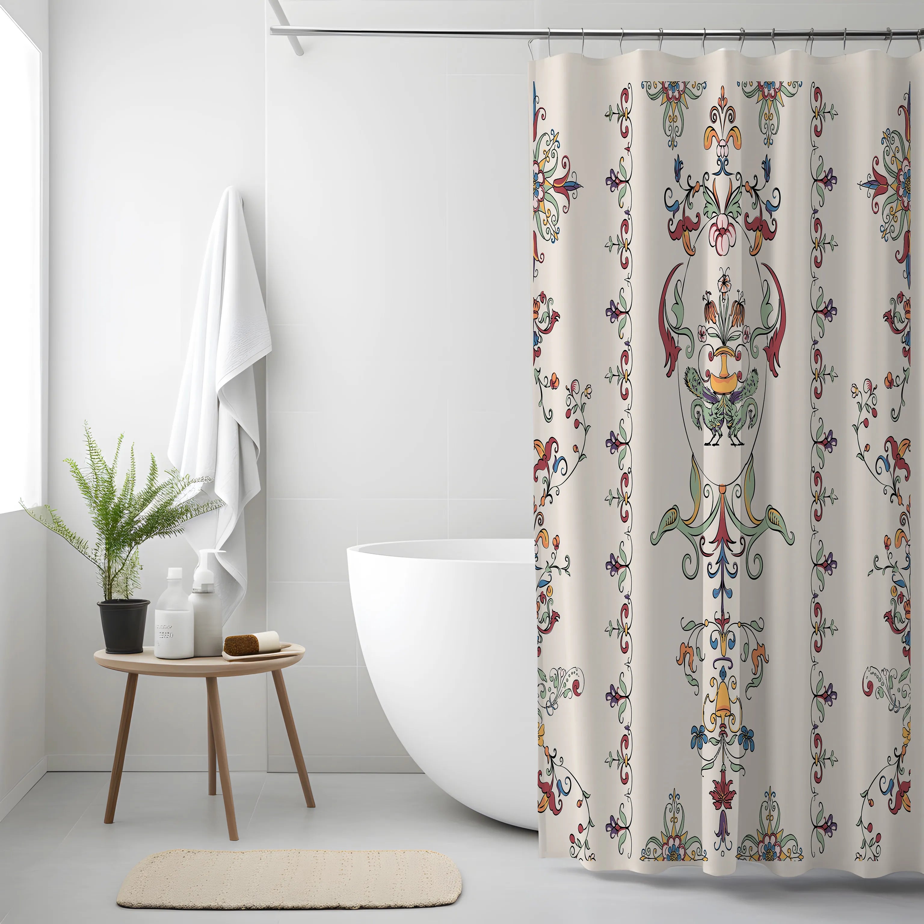 Cream Ornate Floral Medallion Shower Curtain