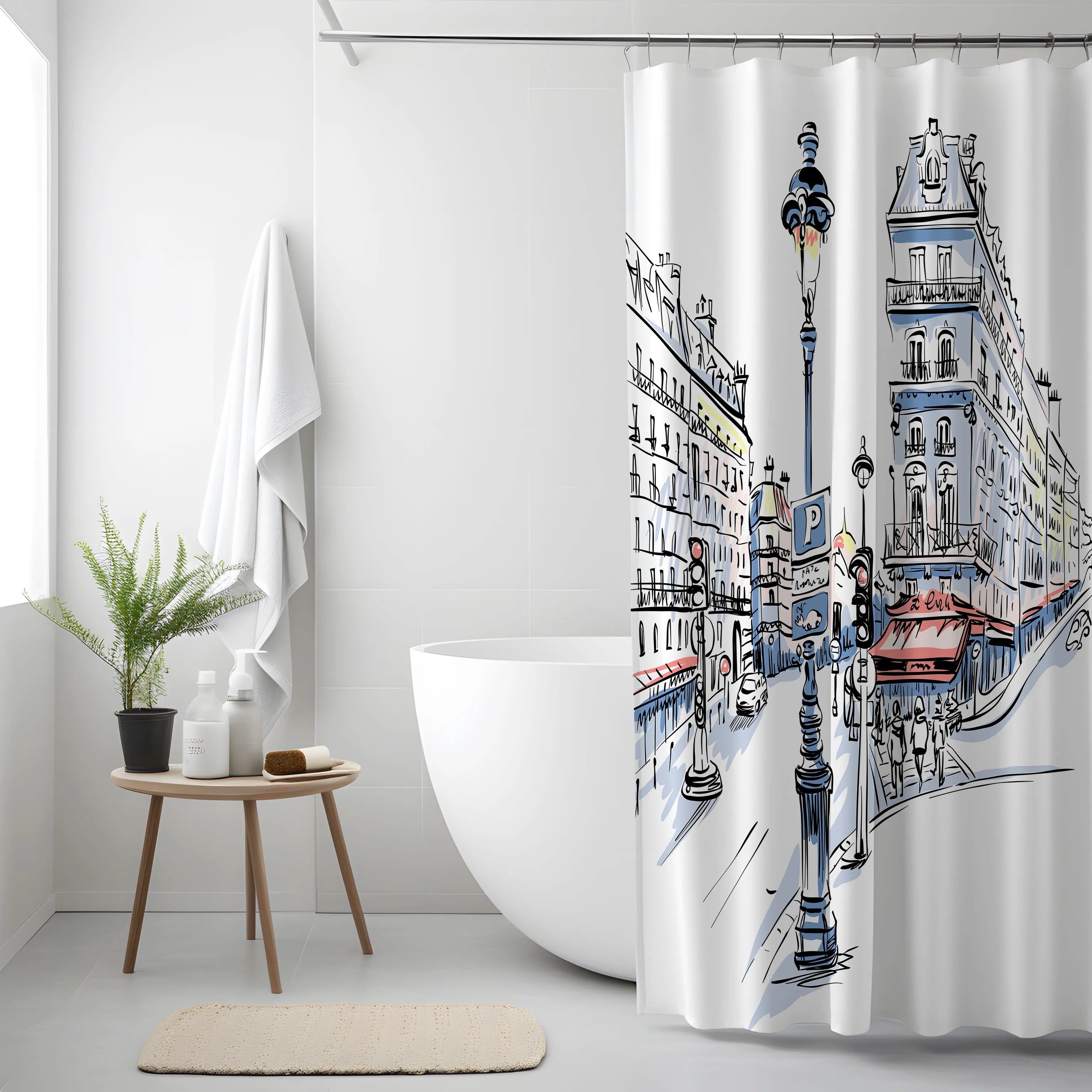 White Paris Café Street Scene Shower Curtain