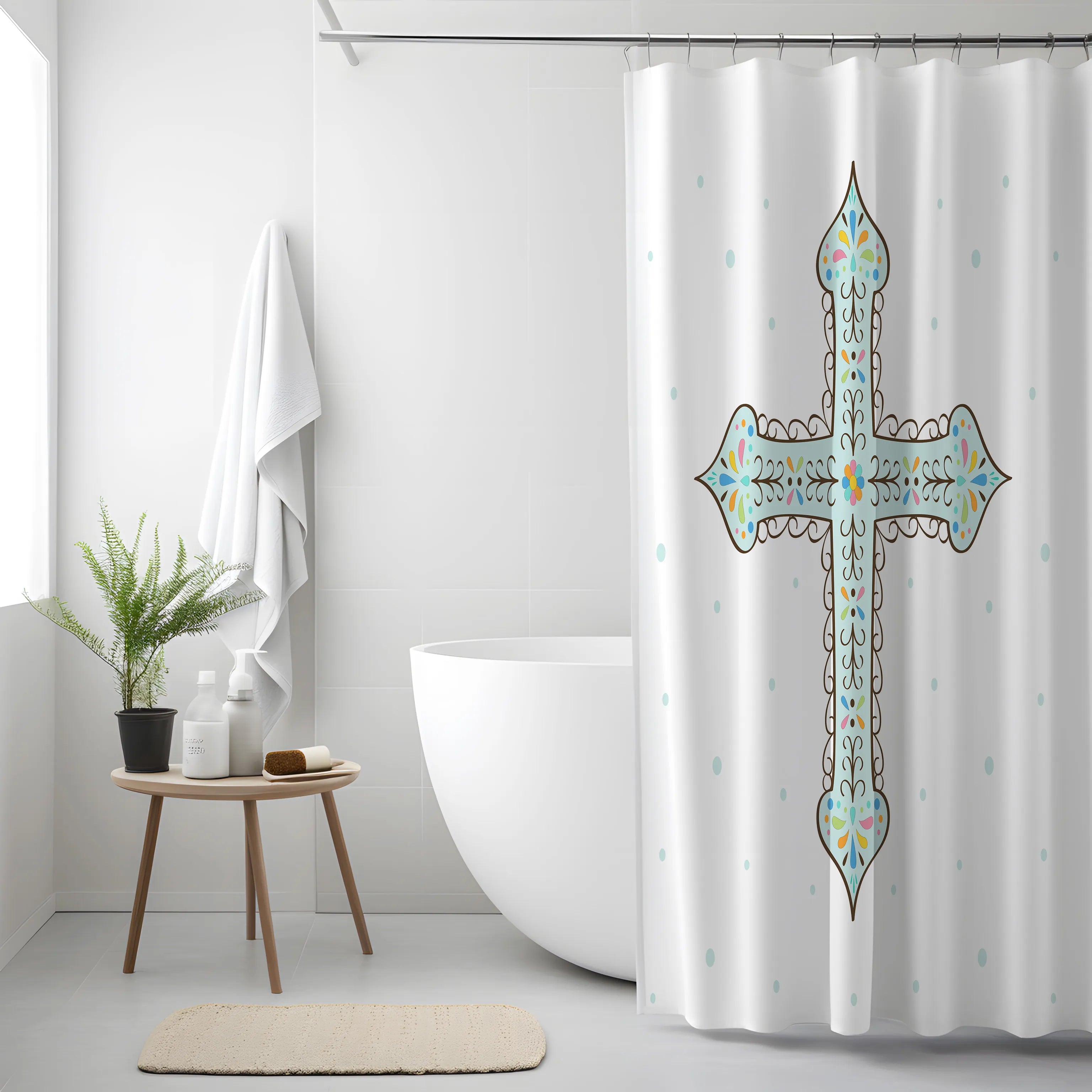 White Decorative Blue Cross Shower Curtain