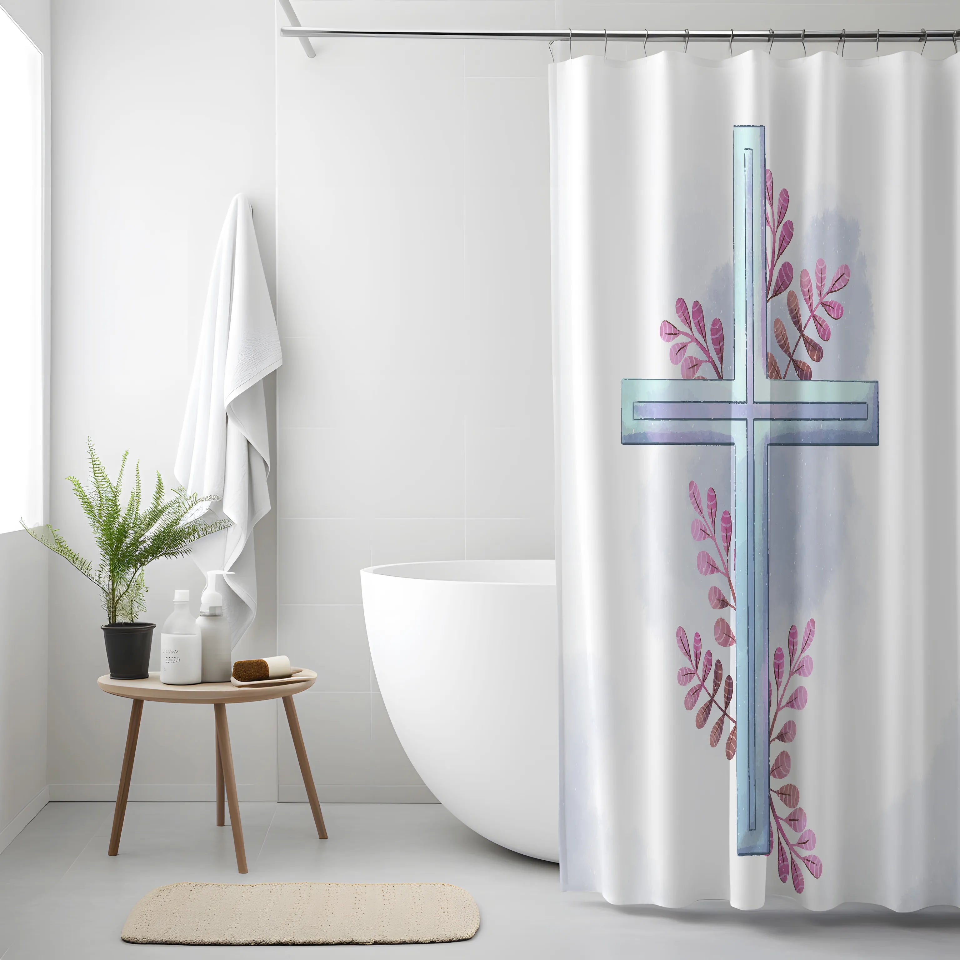 White Blue Cross Floral Shower Curtain