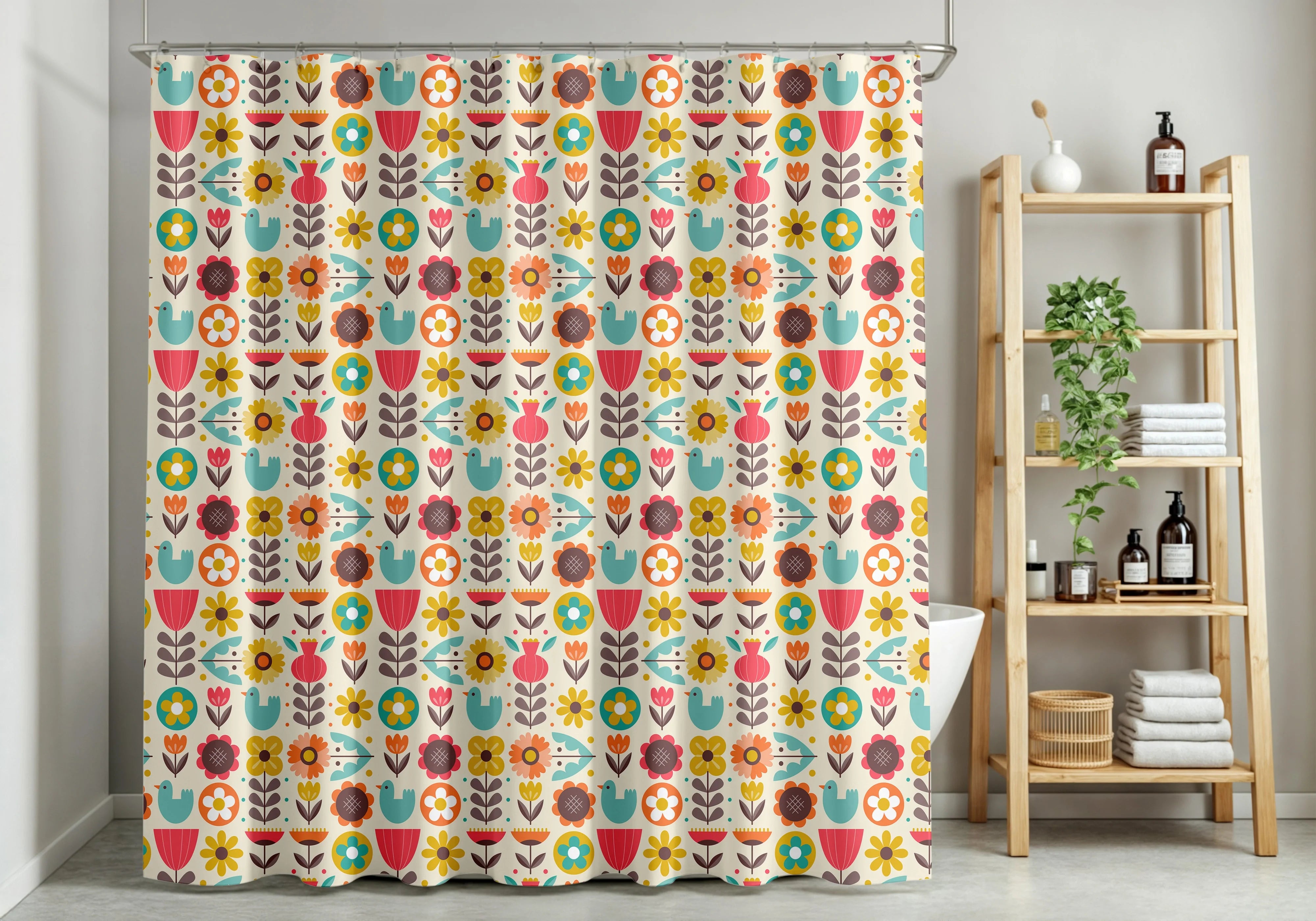 Playful Nordic Nature in Full Bloom - Colorful Scandinavian Shower Curtain - Image 5 - Arteka Home Shower Curtain