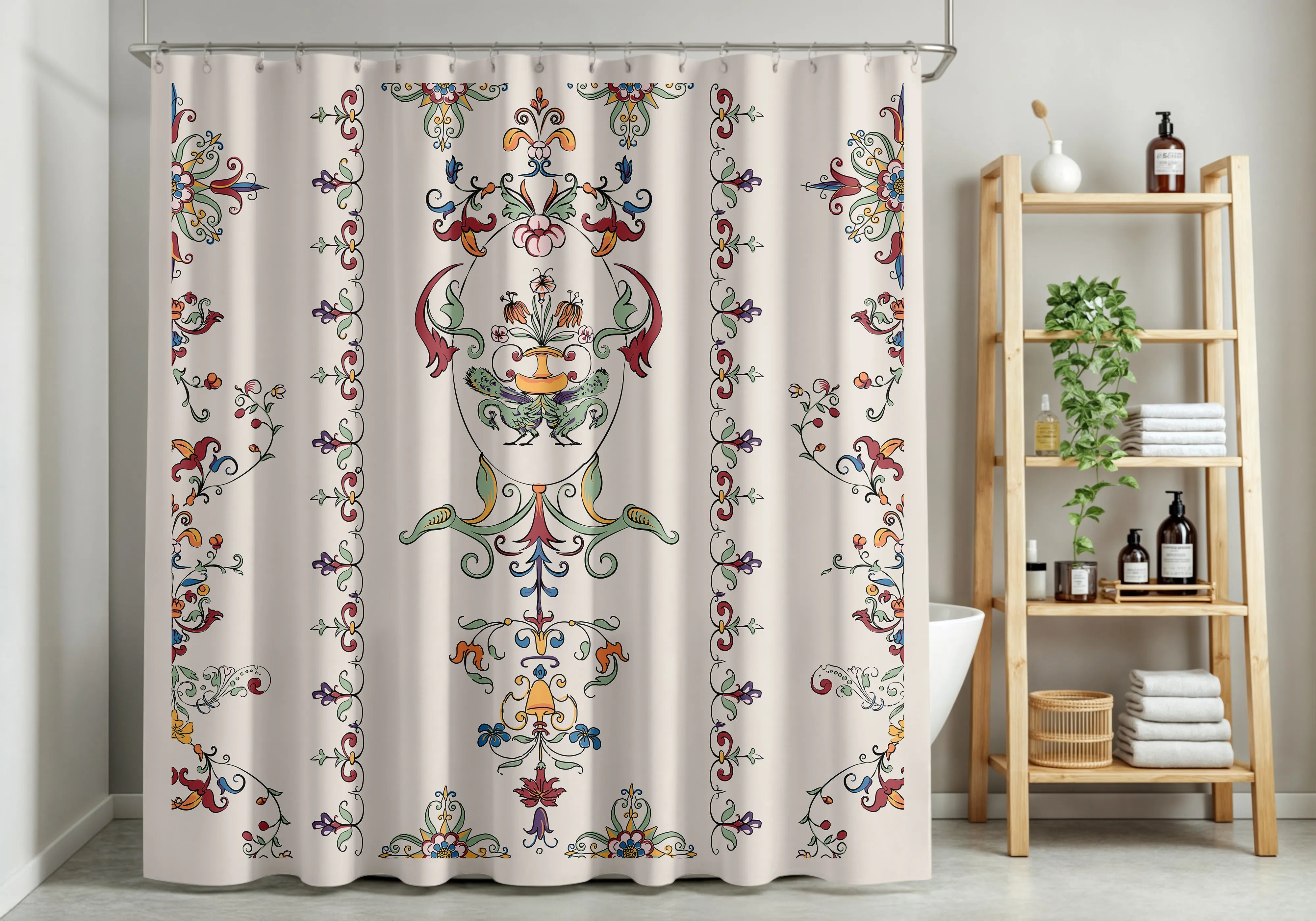 Cream Ornate Floral Medallion Shower Curtain