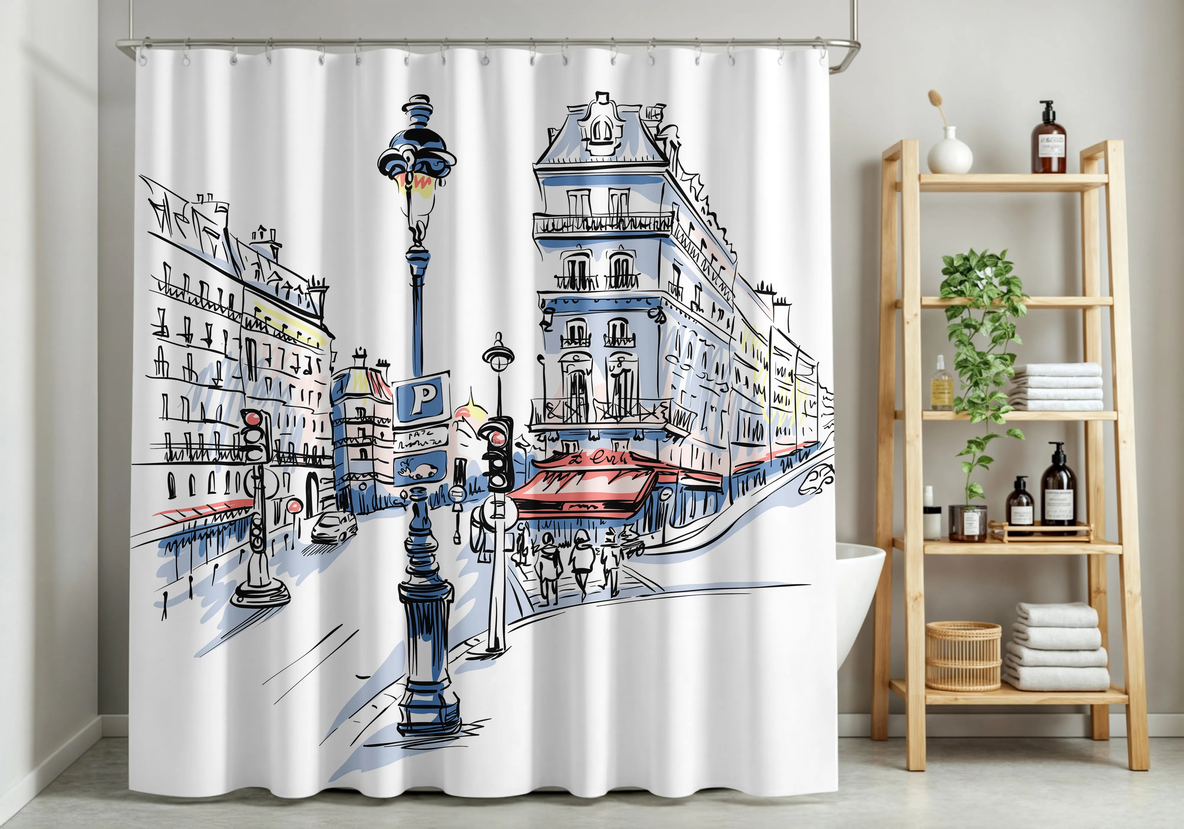 White Paris Café Street Scene Shower Curtain