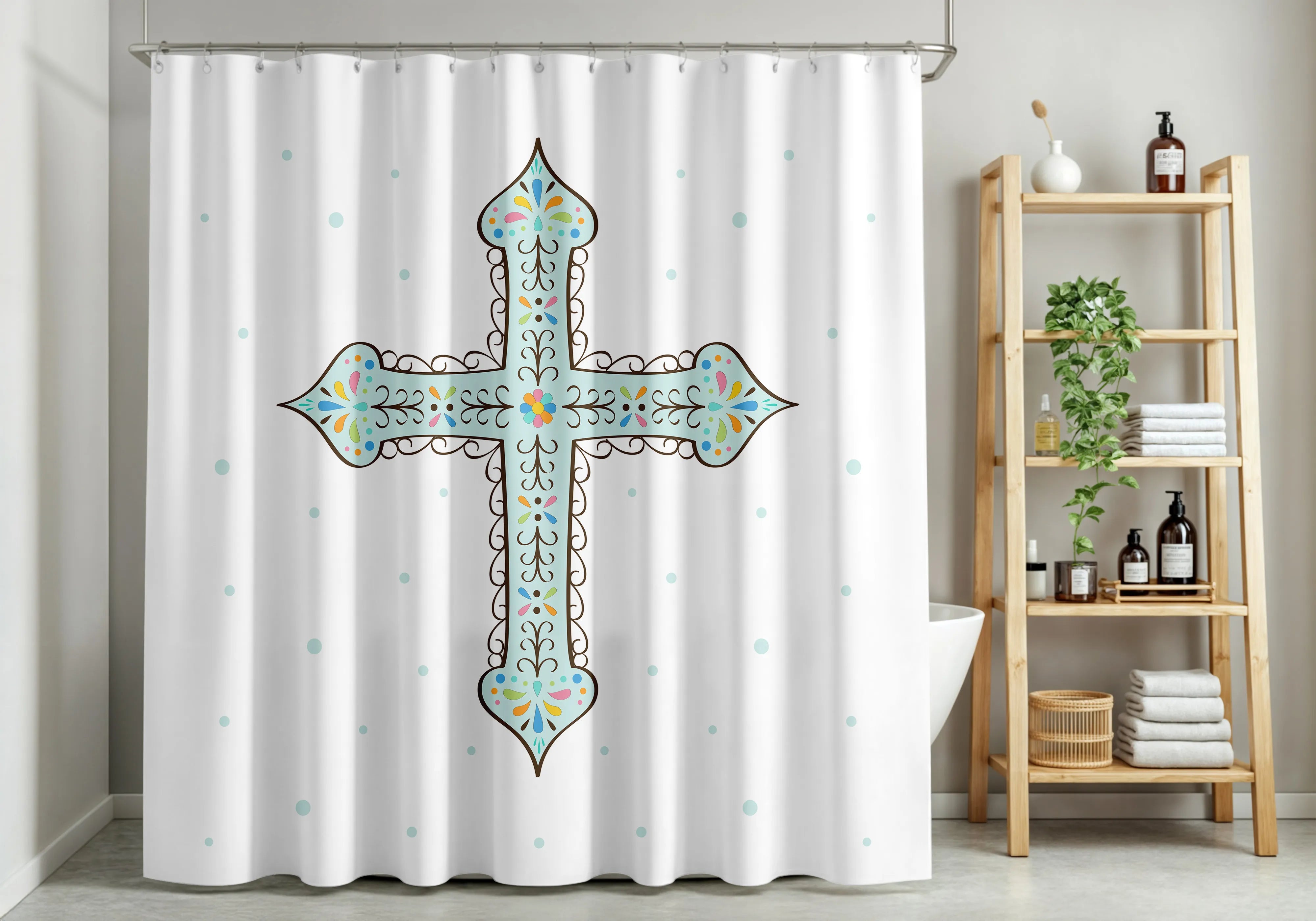 White Decorative Blue Cross Shower Curtain