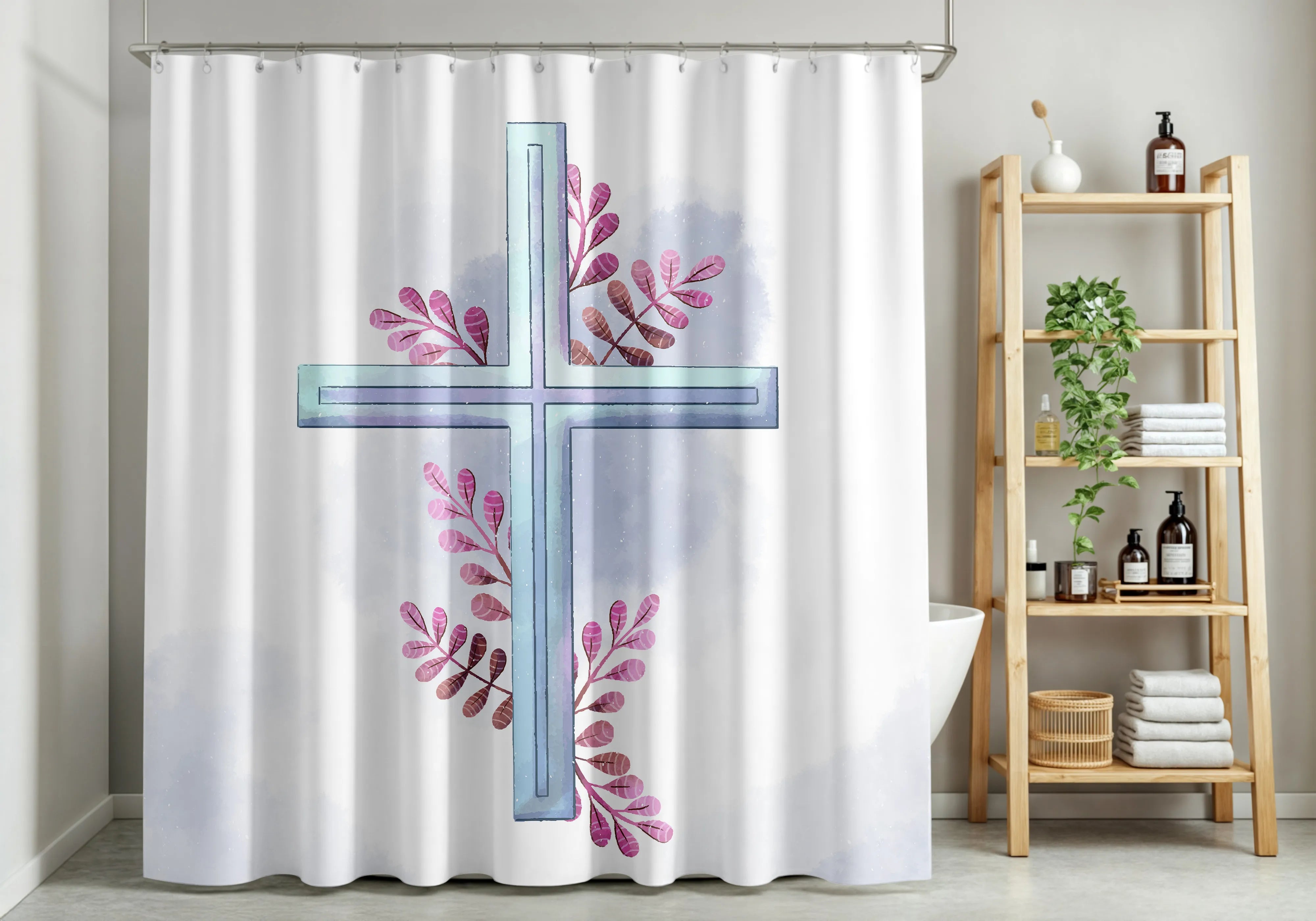 White Blue Cross Floral Shower Curtain