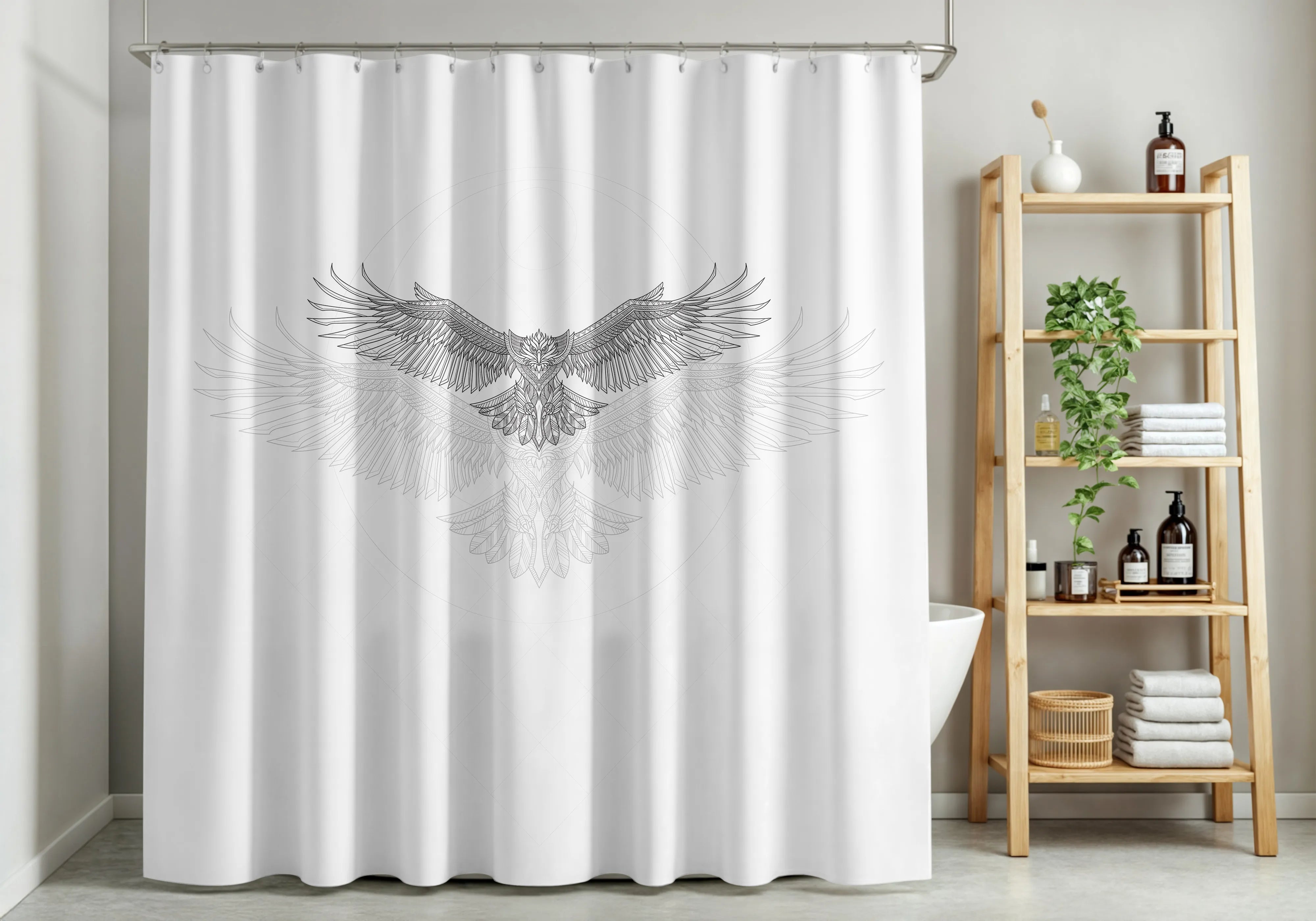 White Geometric Eagle Sketch Shower Curtain