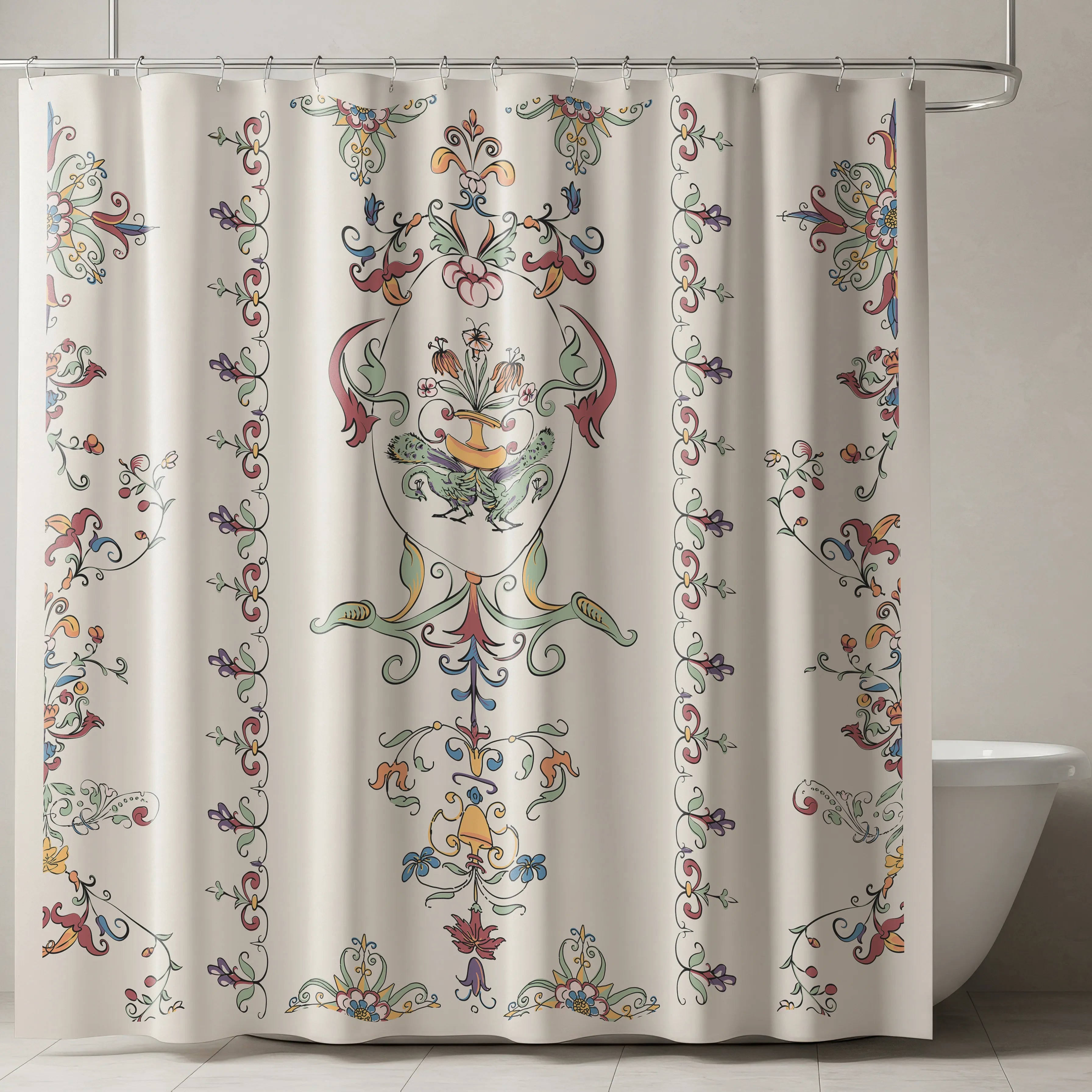 Cream Ornate Floral Medallion Shower Curtain