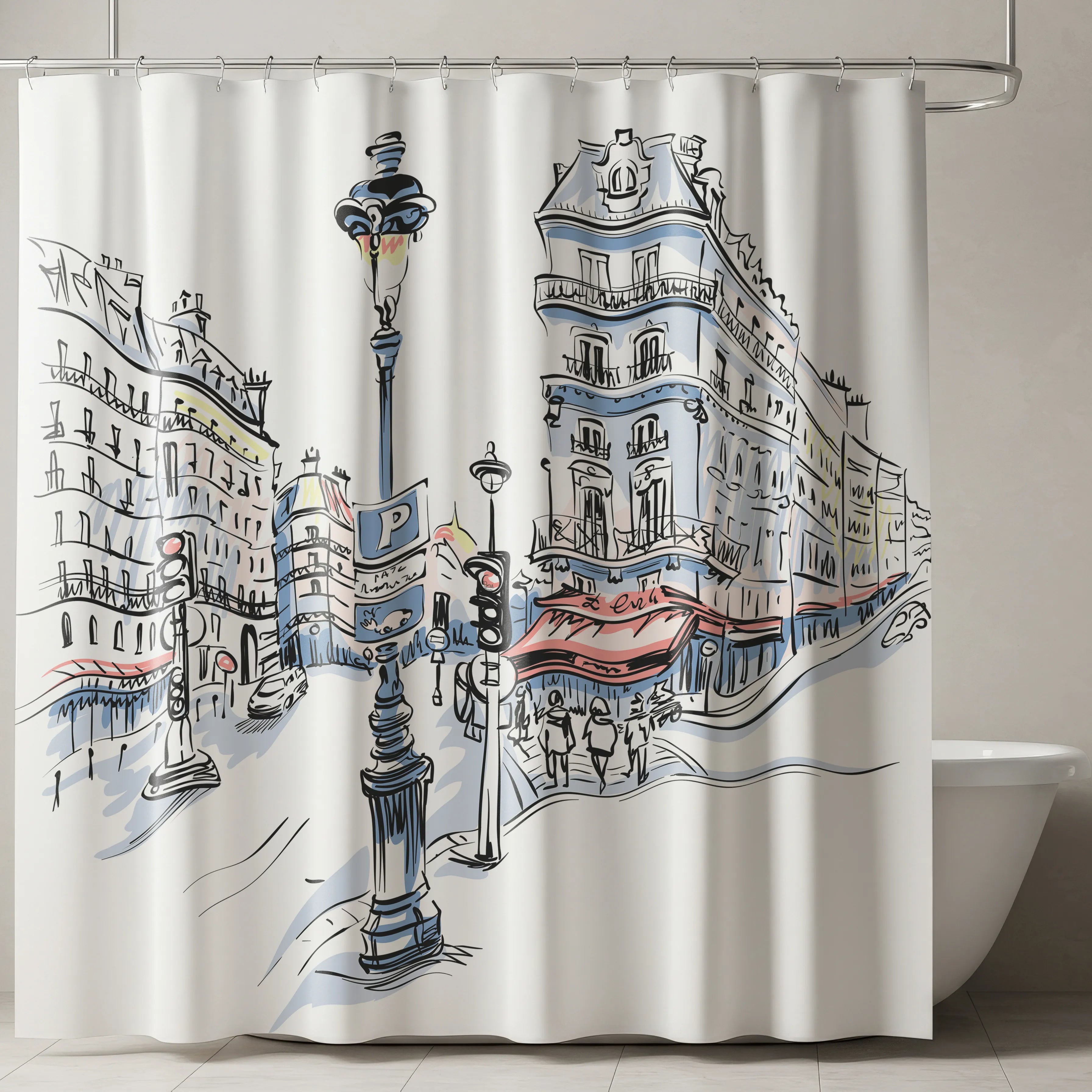 White Paris Café Street Scene Shower Curtain