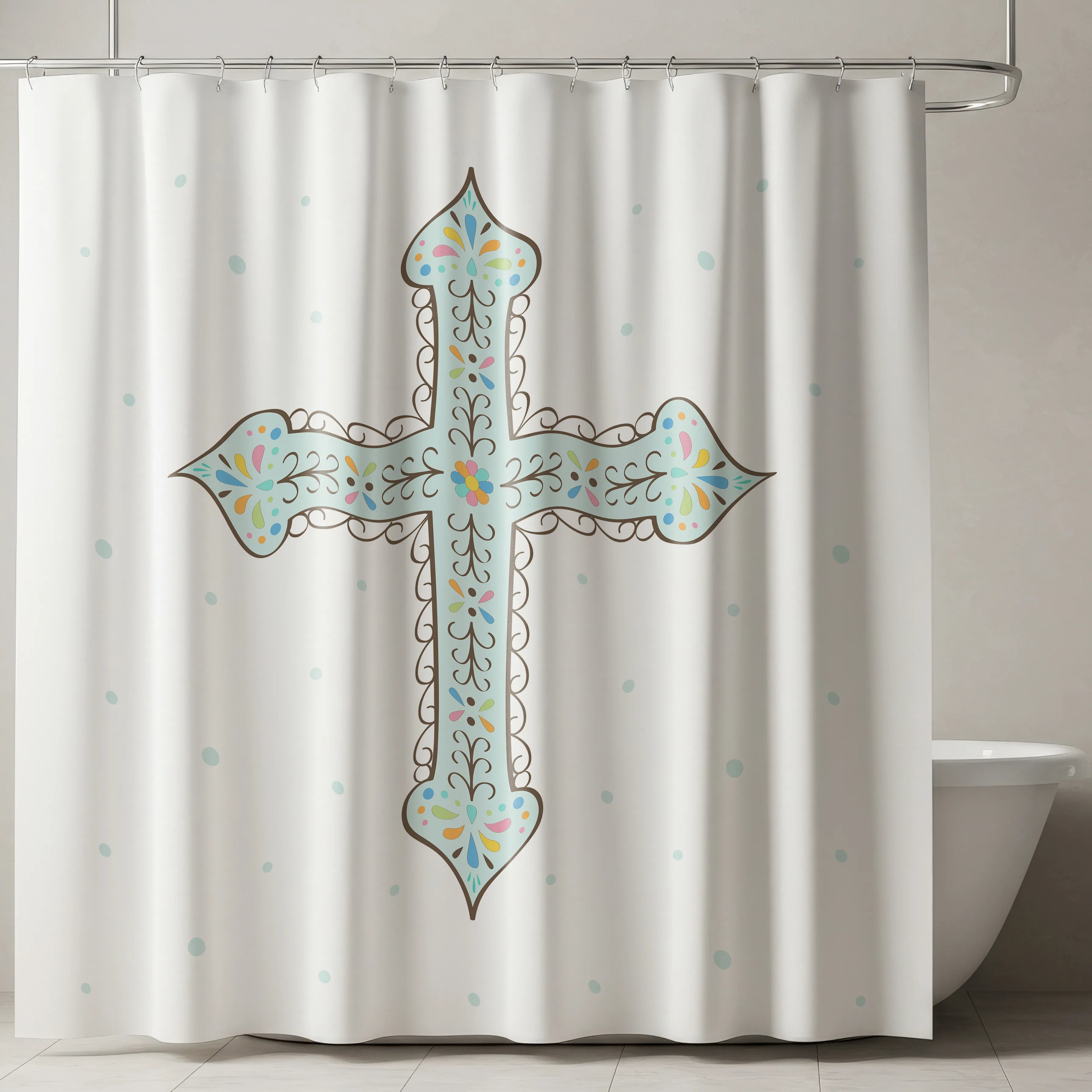 White Decorative Blue Cross Shower Curtain