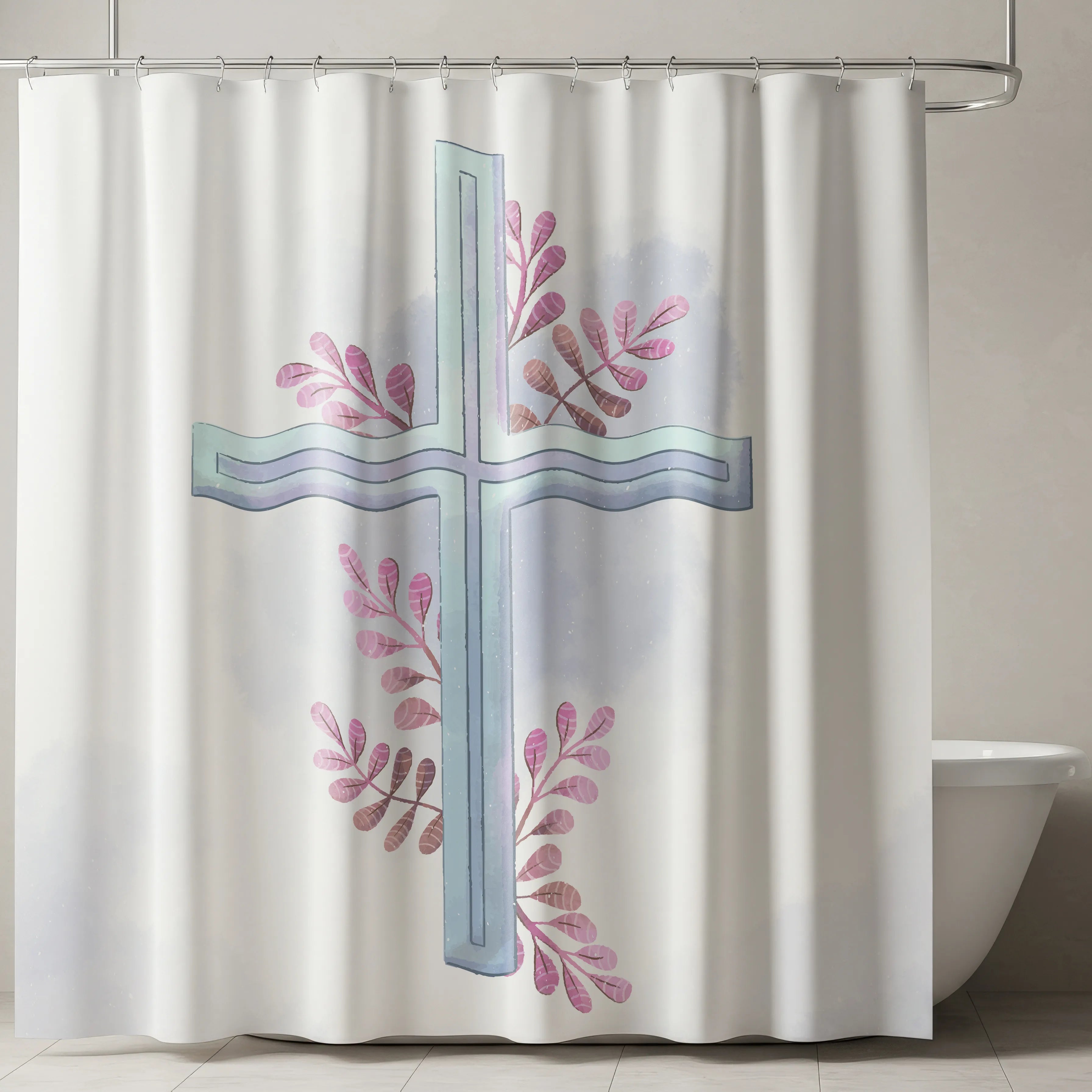 White Blue Cross Floral Shower Curtain