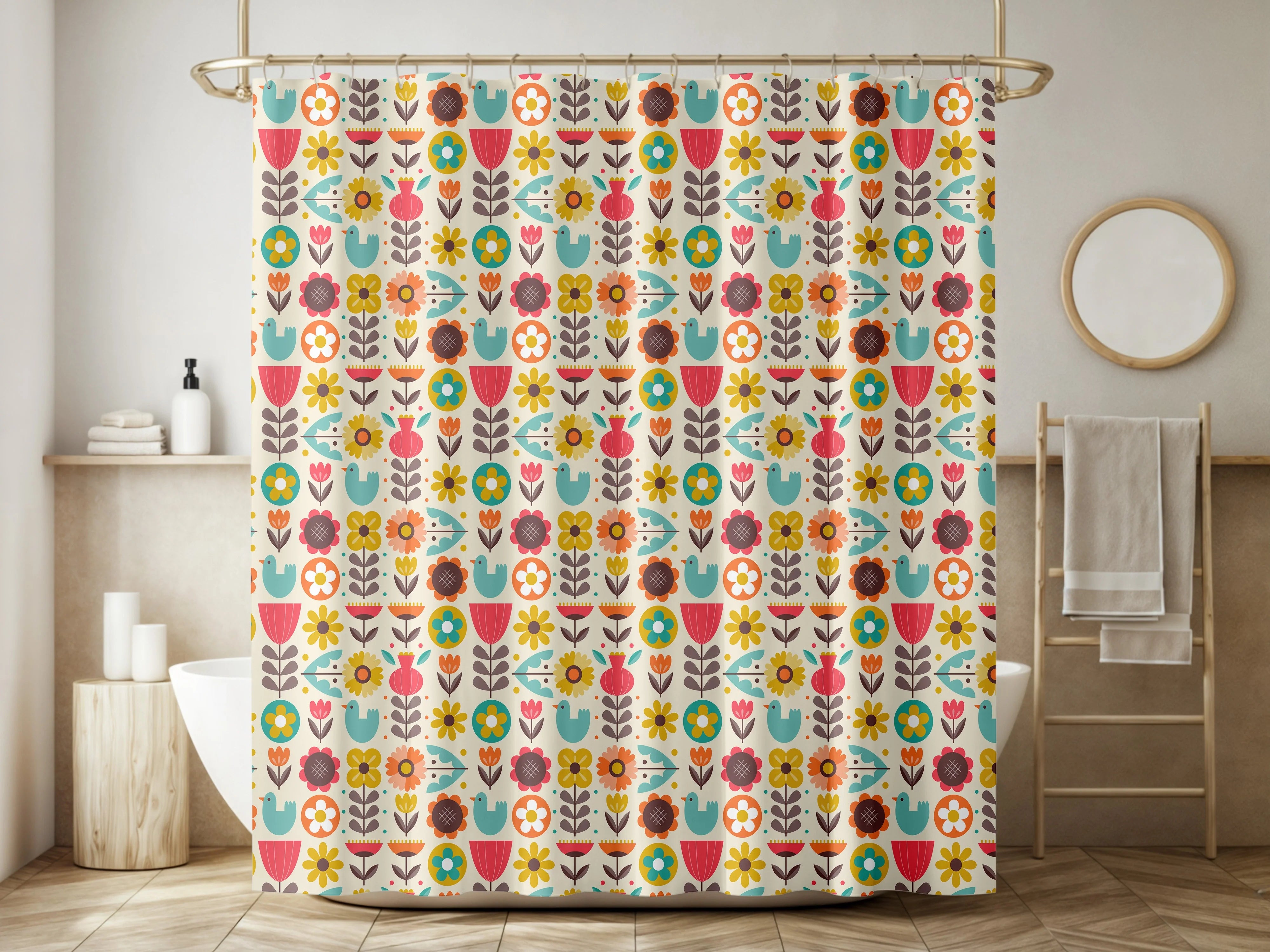 Playful Nordic Nature in Full Bloom - Colorful Scandinavian Shower Curtain - Image 6 - Arteka Home Shower Curtain