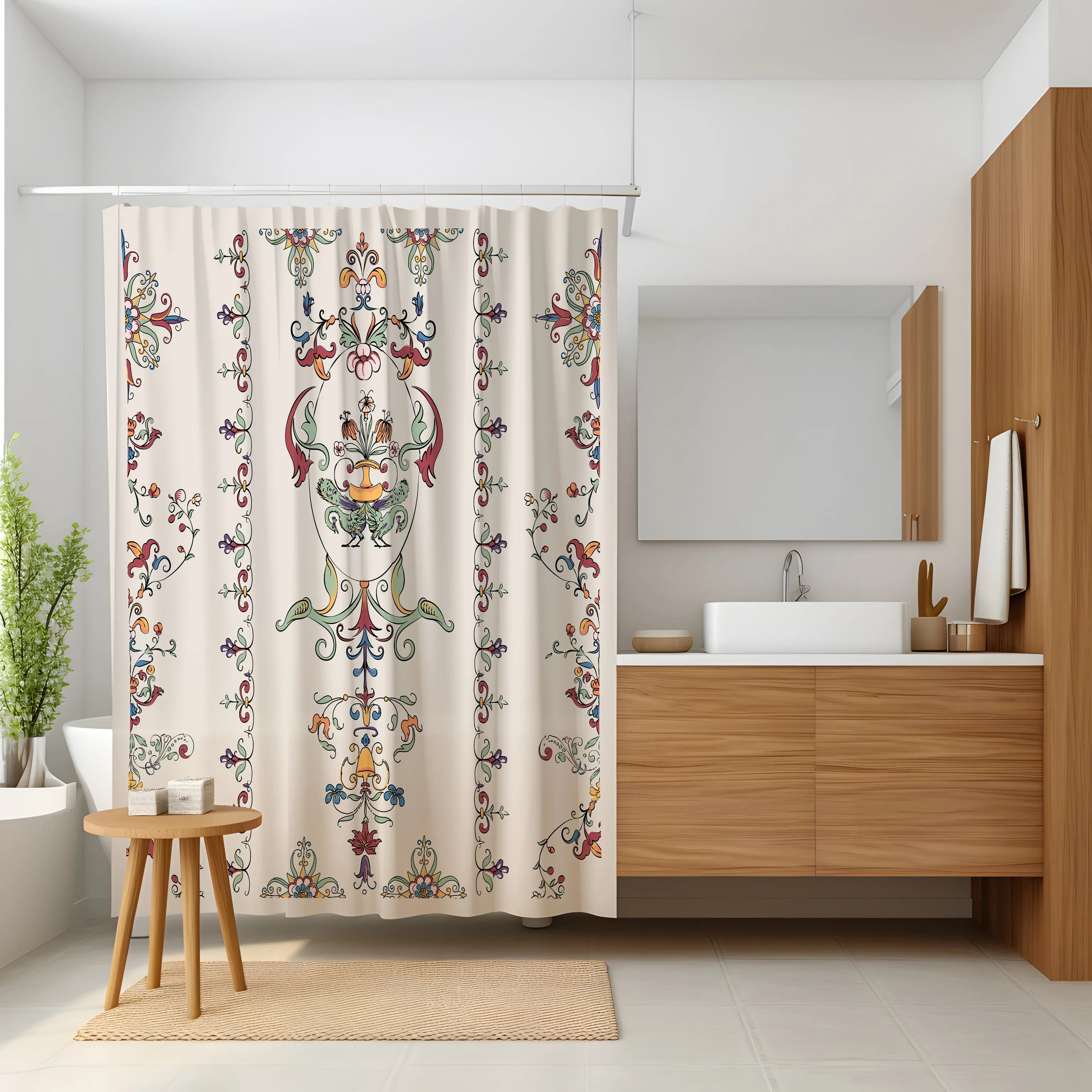 Cream Ornate Floral Medallion Shower Curtain