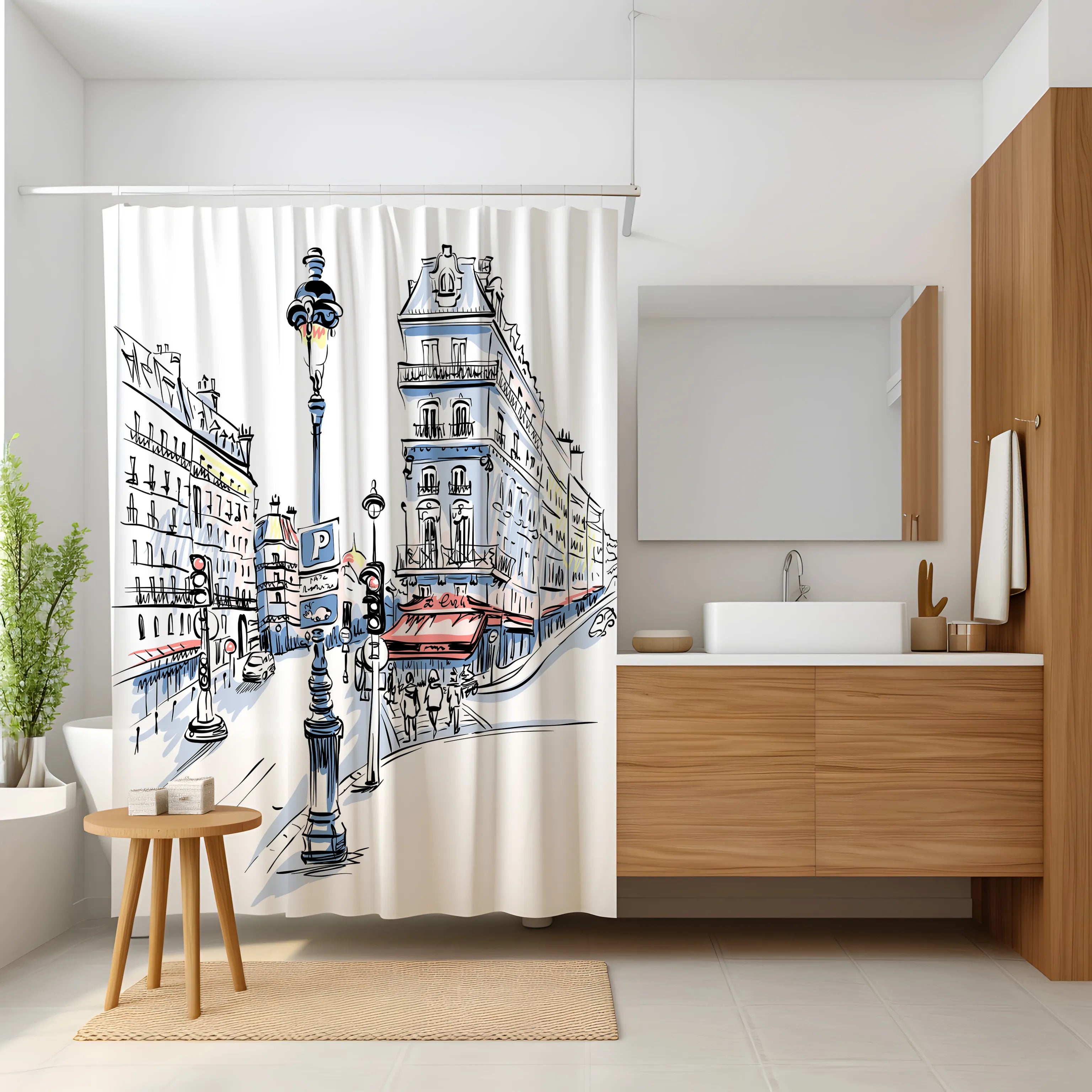 White Paris Café Street Scene Shower Curtain