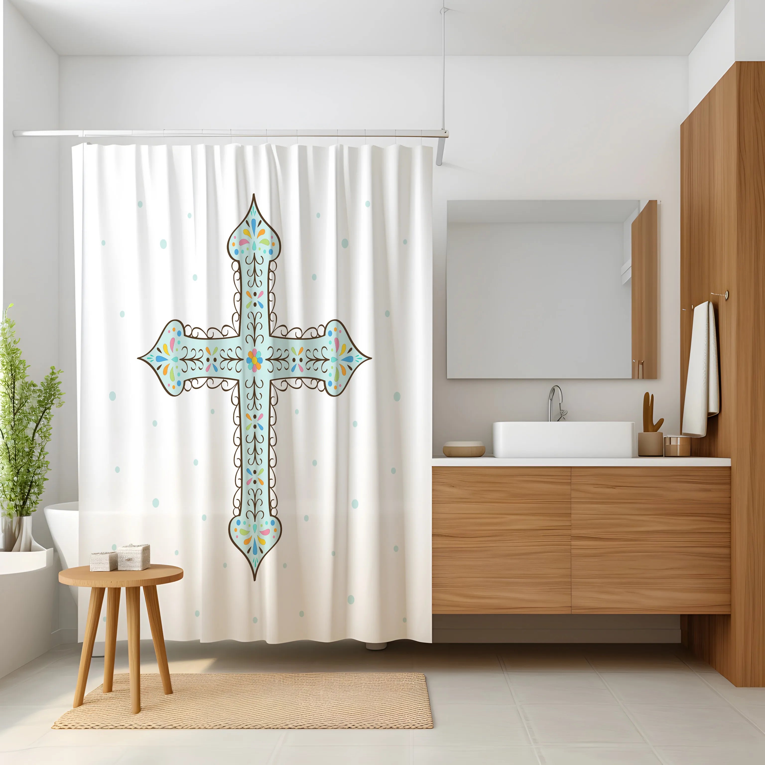 White Decorative Blue Cross Shower Curtain