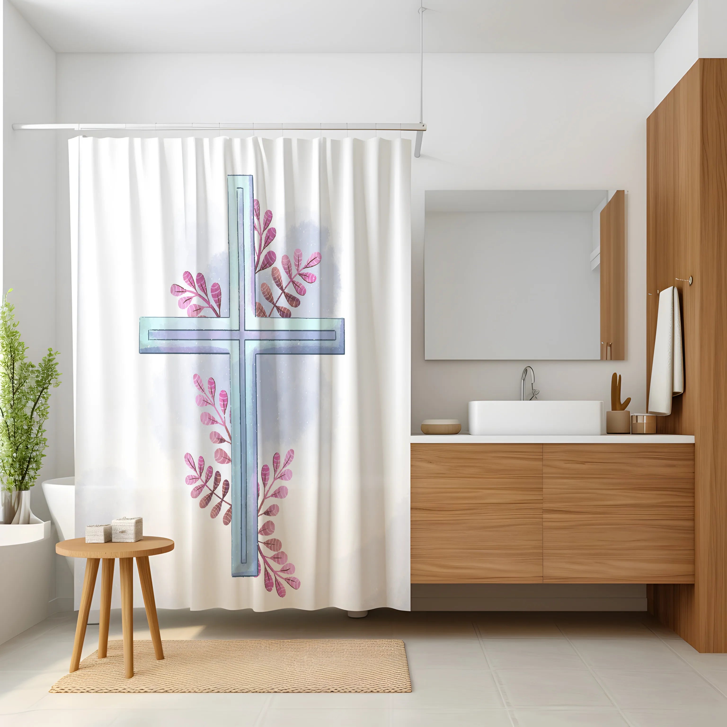 White Blue Cross Floral Shower Curtain