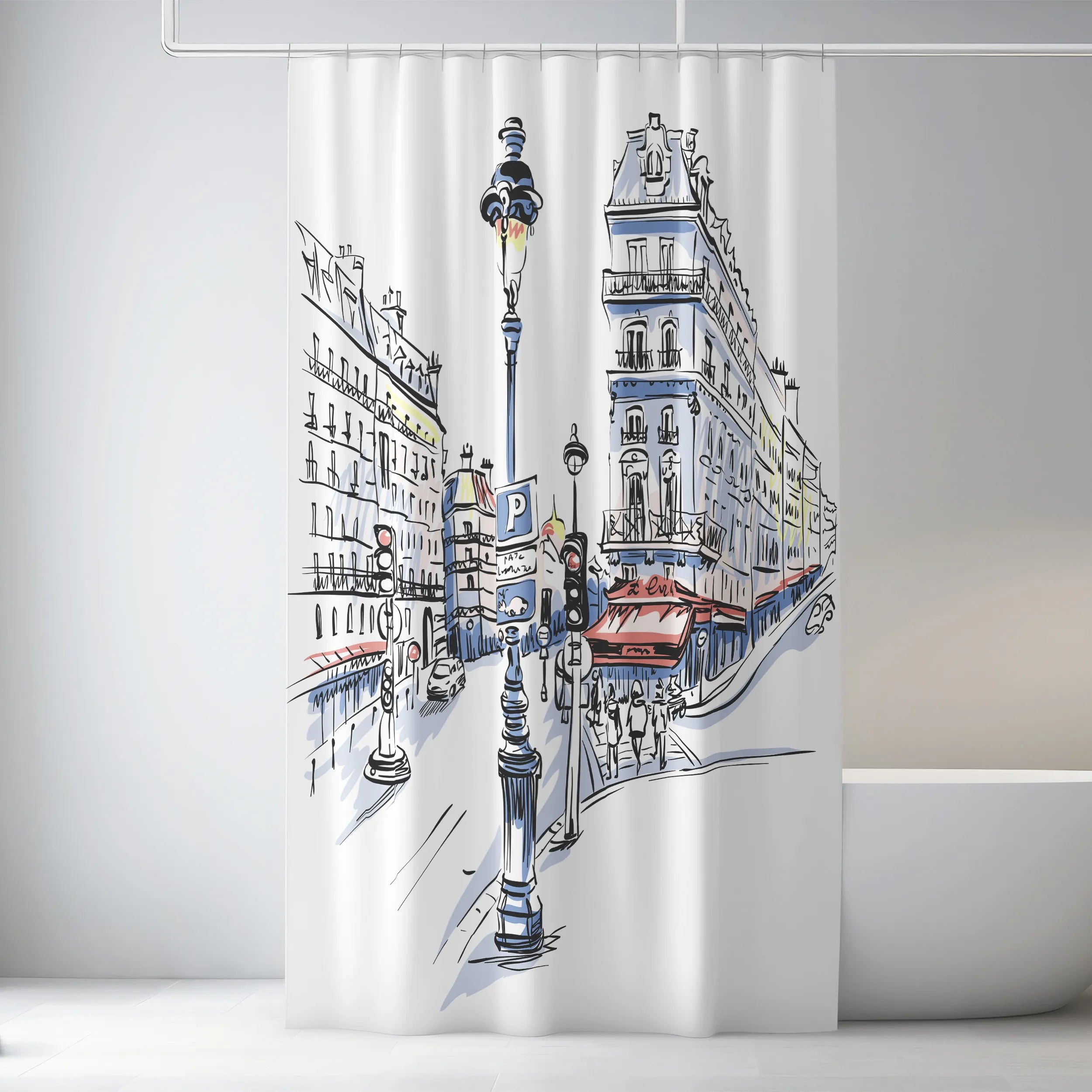 White Paris Café Street Scene Shower Curtain