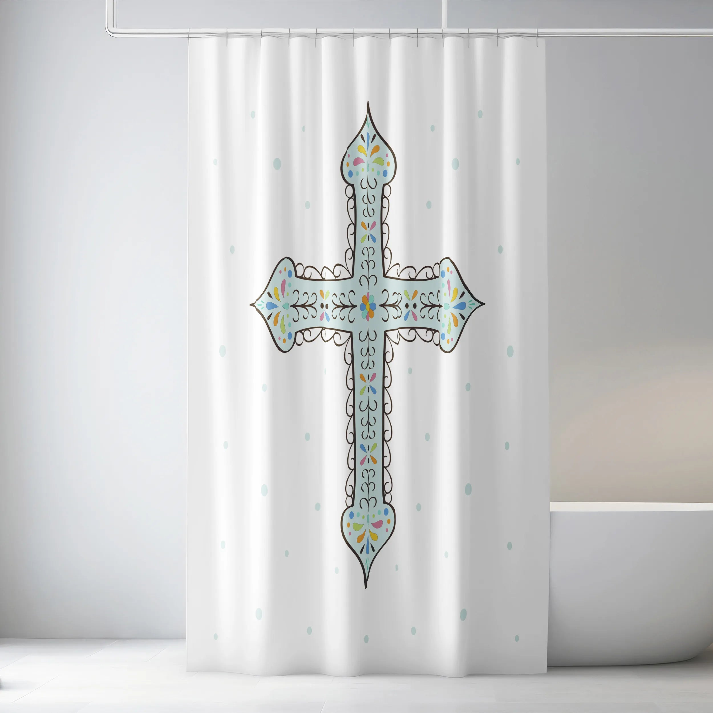 White Decorative Blue Cross Shower Curtain