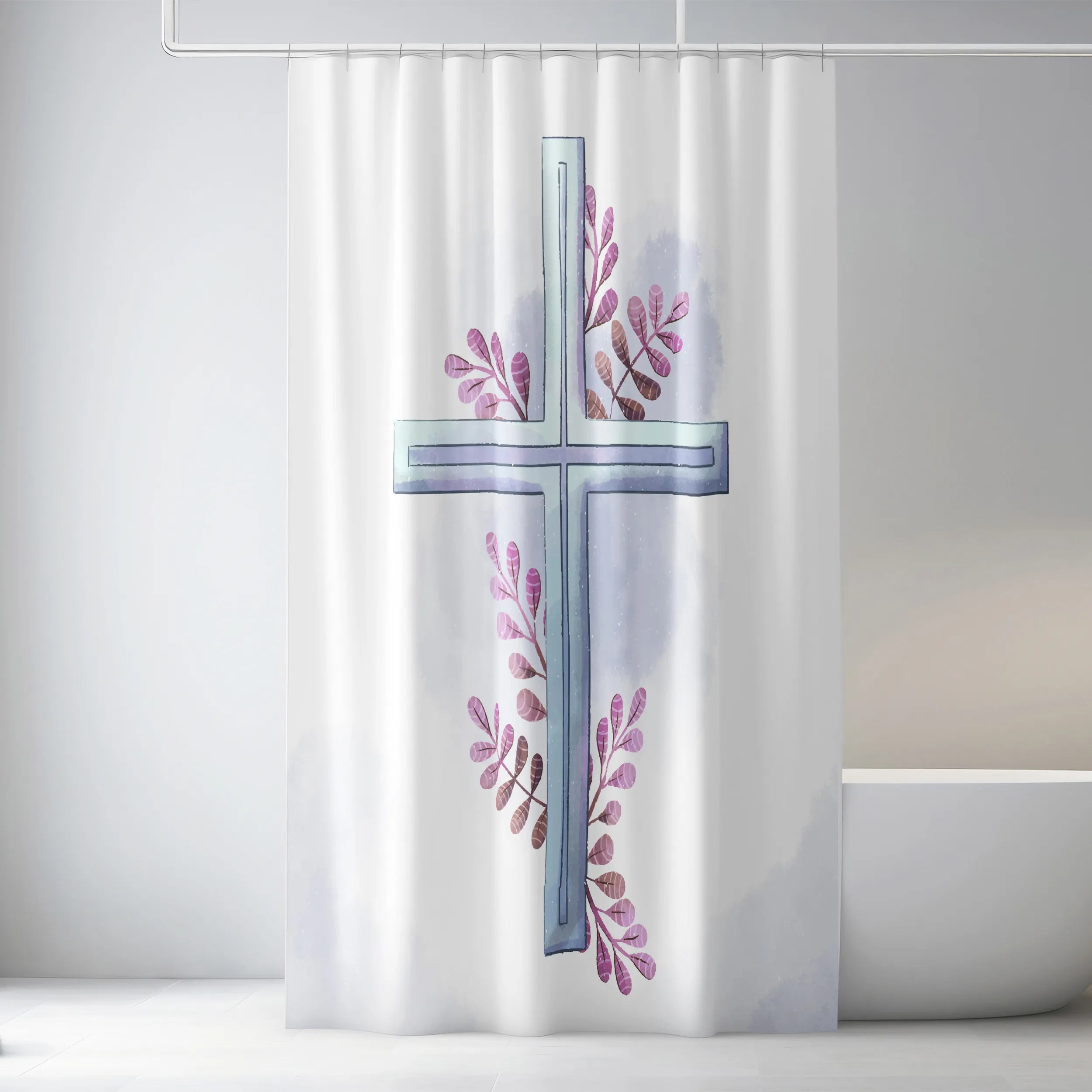 White Blue Cross Floral Shower Curtain