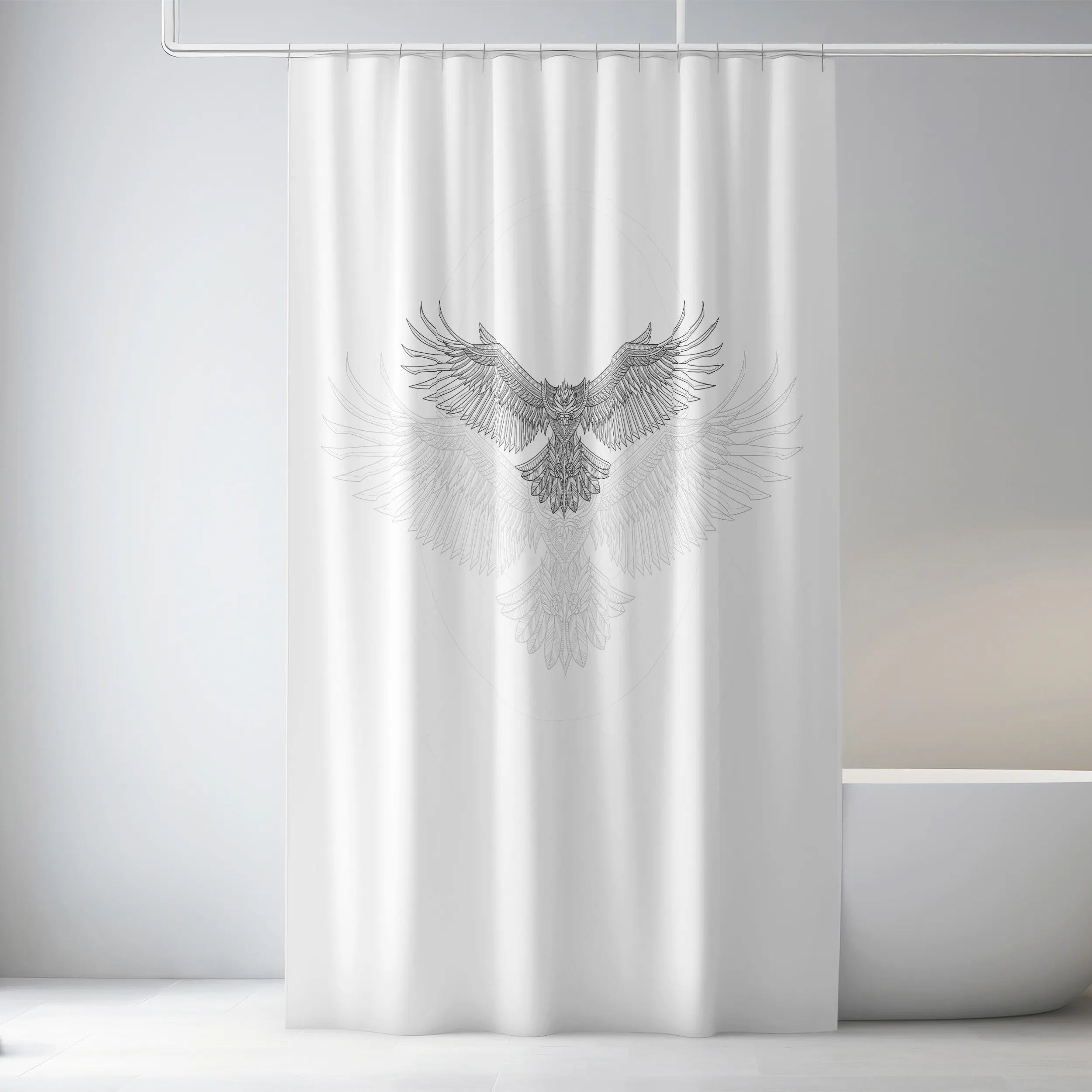 White Geometric Eagle Sketch Shower Curtain